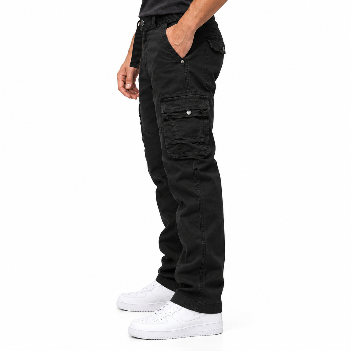 FREDD MARSHALL FH3707 men's cotton multi-pocket utility cargo pants, Black, side view