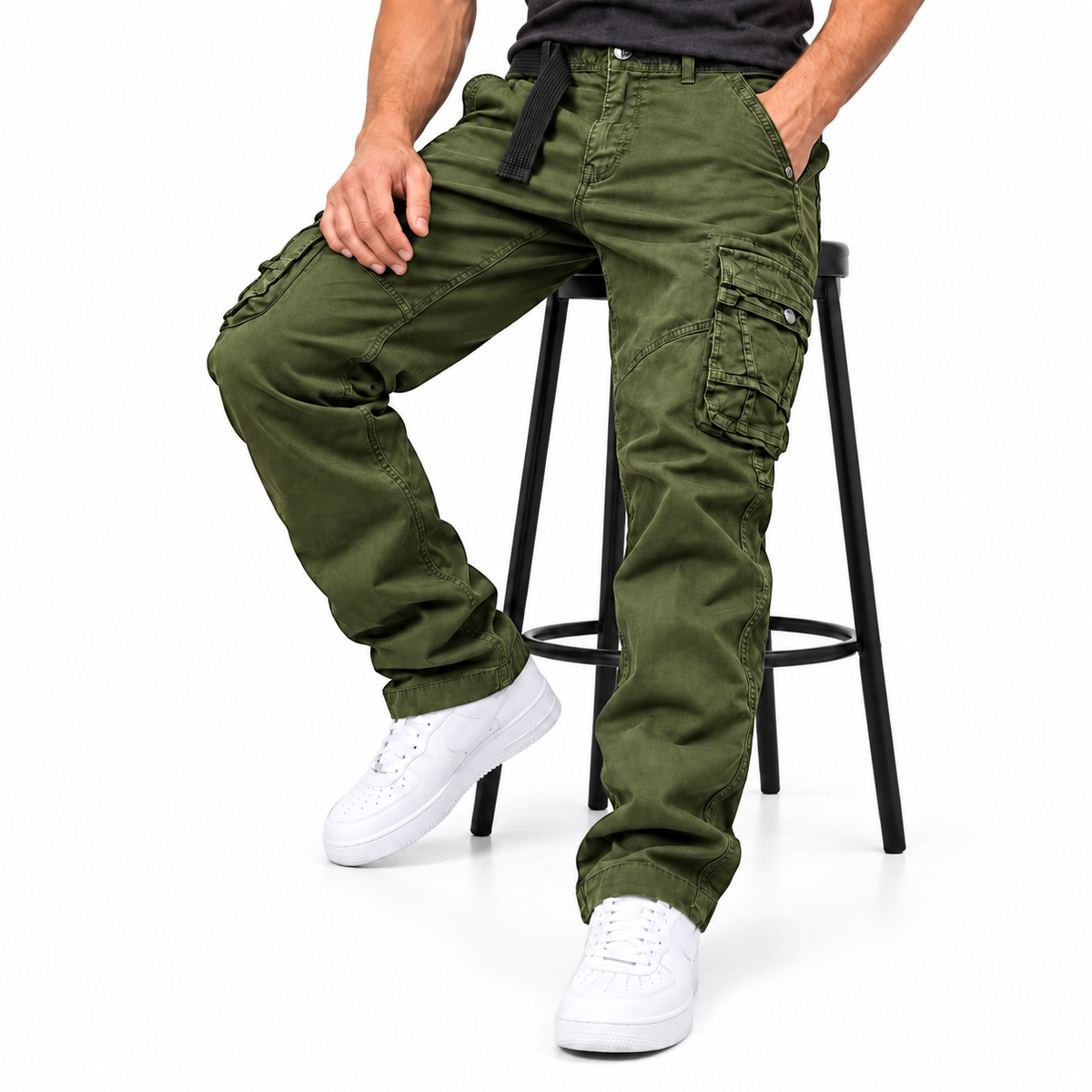 FREDD MARSHALL FH3707 men's cotton multi-pocket utility cargo pants, Dark Green, styled outfit