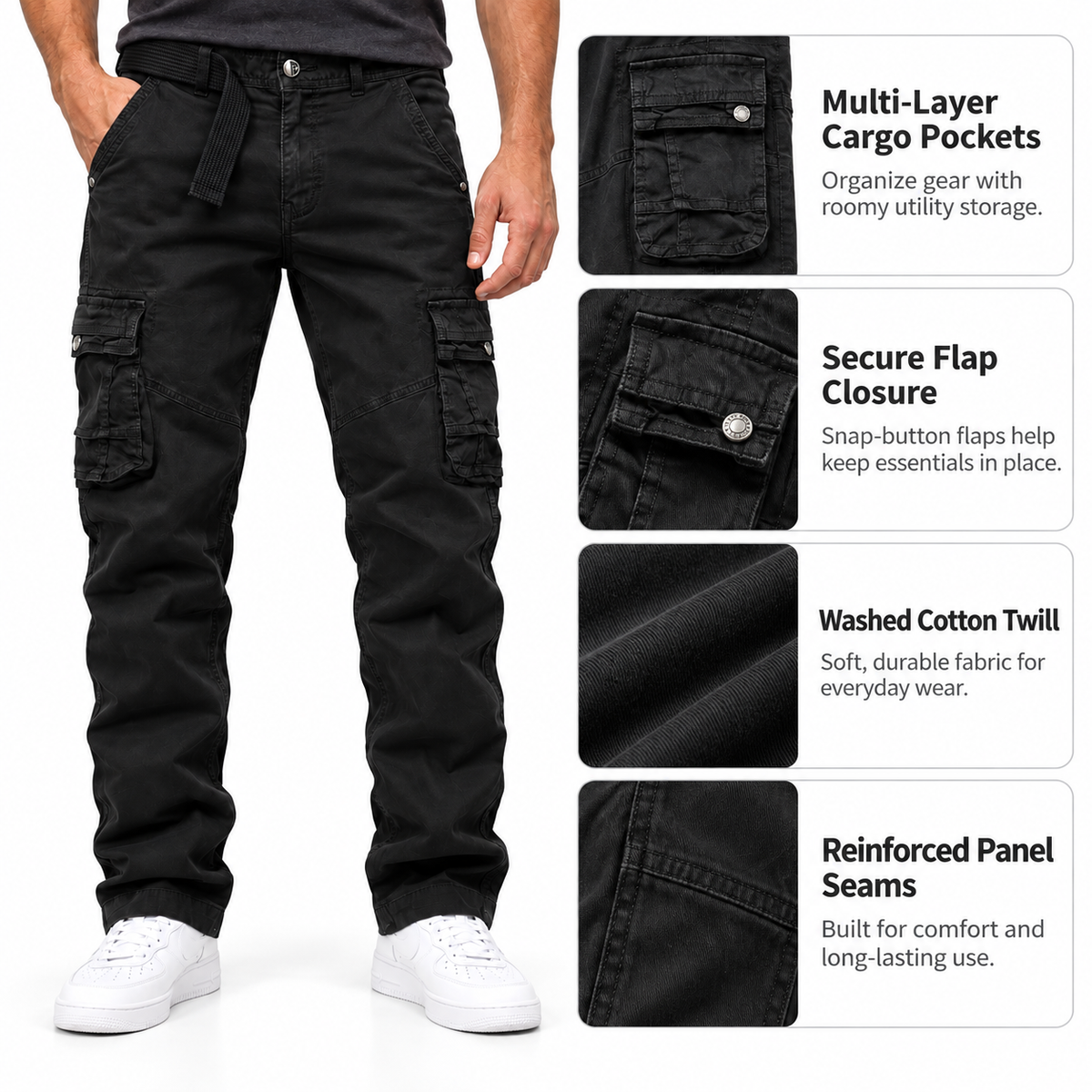 FREDD MARSHALL FH3707 men's cotton multi-pocket utility cargo pants, Black, construction detail