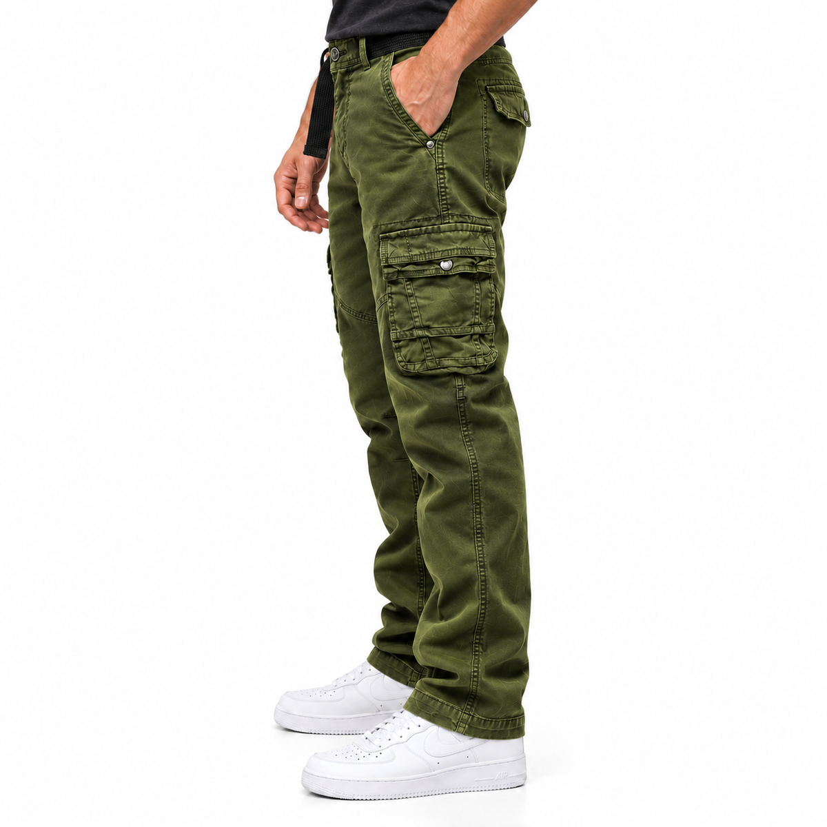 FREDD MARSHALL FH3707 men's cotton multi-pocket utility cargo pants, Dark Green, side view