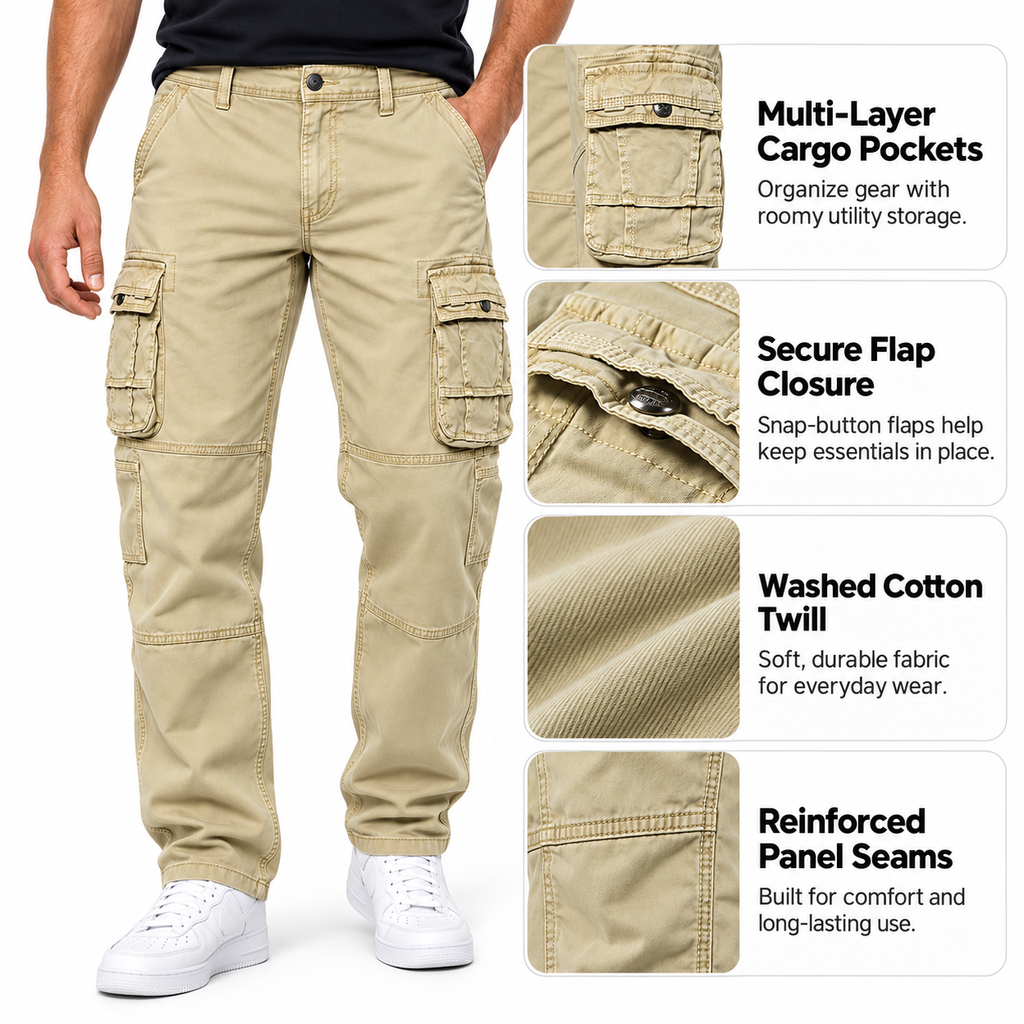 FREDD MARSHALL FH3707 men's cotton multi-pocket utility cargo pants, Khaki, construction detail