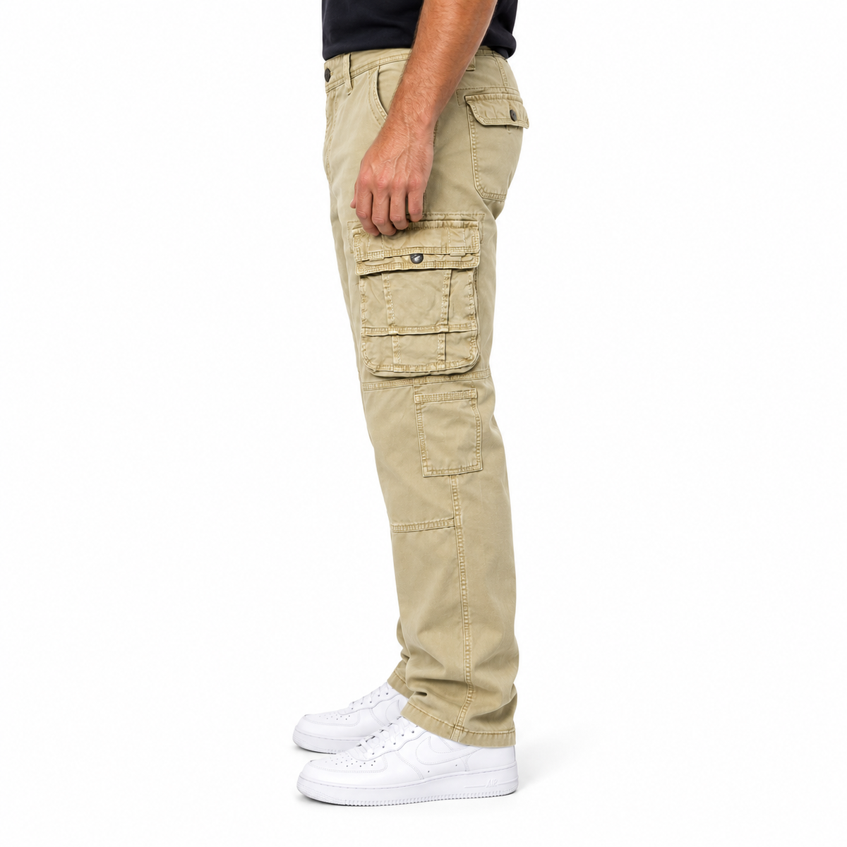 FREDD MARSHALL FH3707 men's cotton multi-pocket utility cargo pants, Khaki, side view