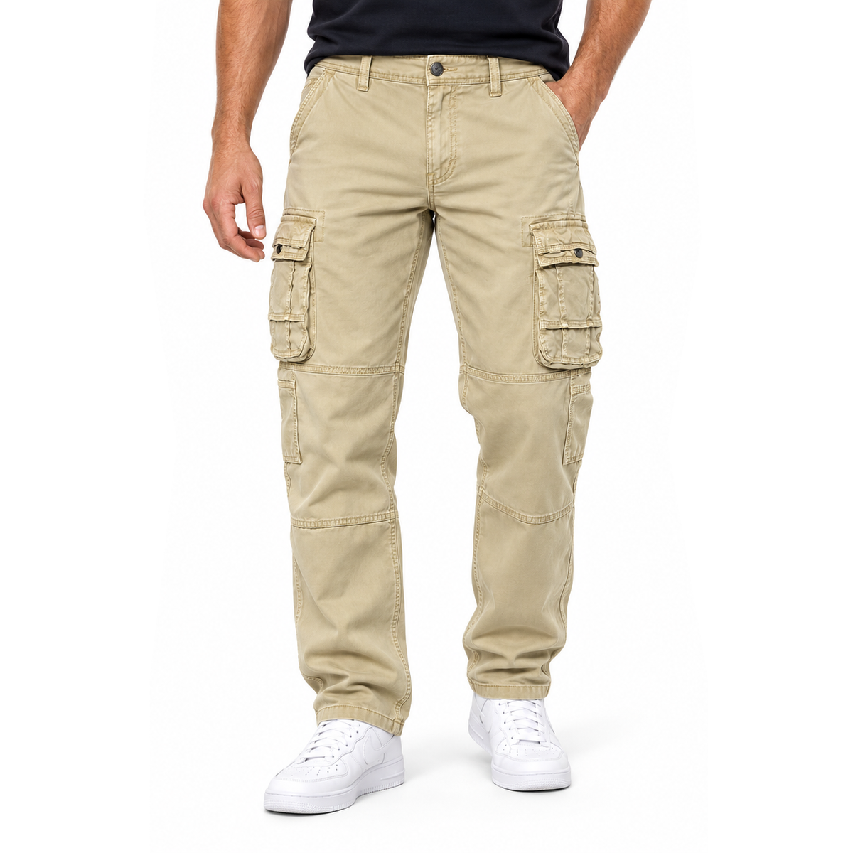 FREDD MARSHALL FH3707 men's cotton multi-pocket utility cargo pants, Khaki, front view