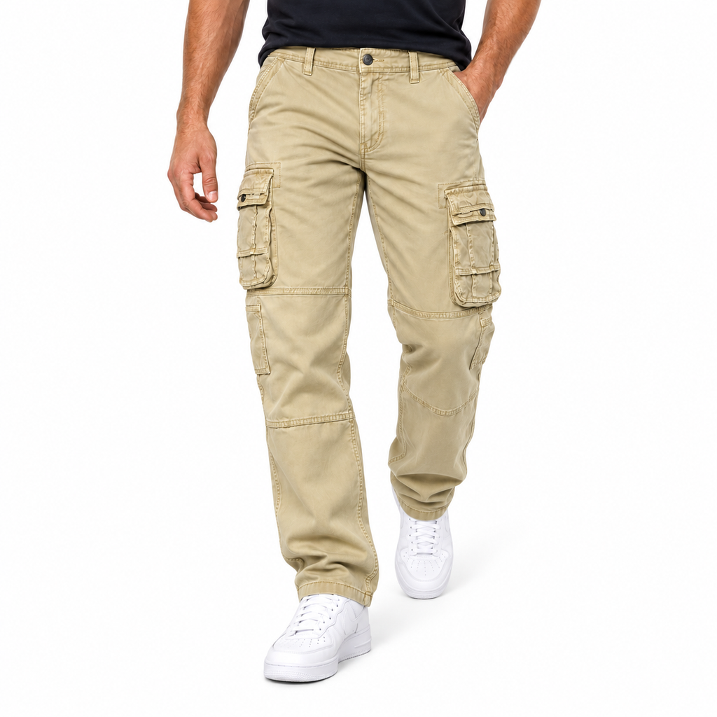 FREDD MARSHALL FH3707 men's cotton multi-pocket utility cargo pants, Khaki, styled outfit