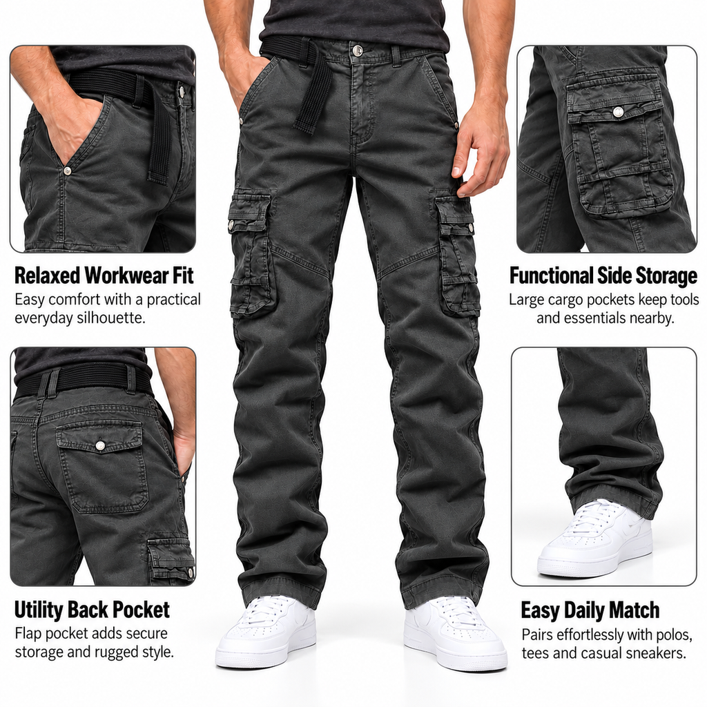 FREDD MARSHALL FH3707 men's cotton multi-pocket utility cargo pants, Charcoal Gray, construction detail