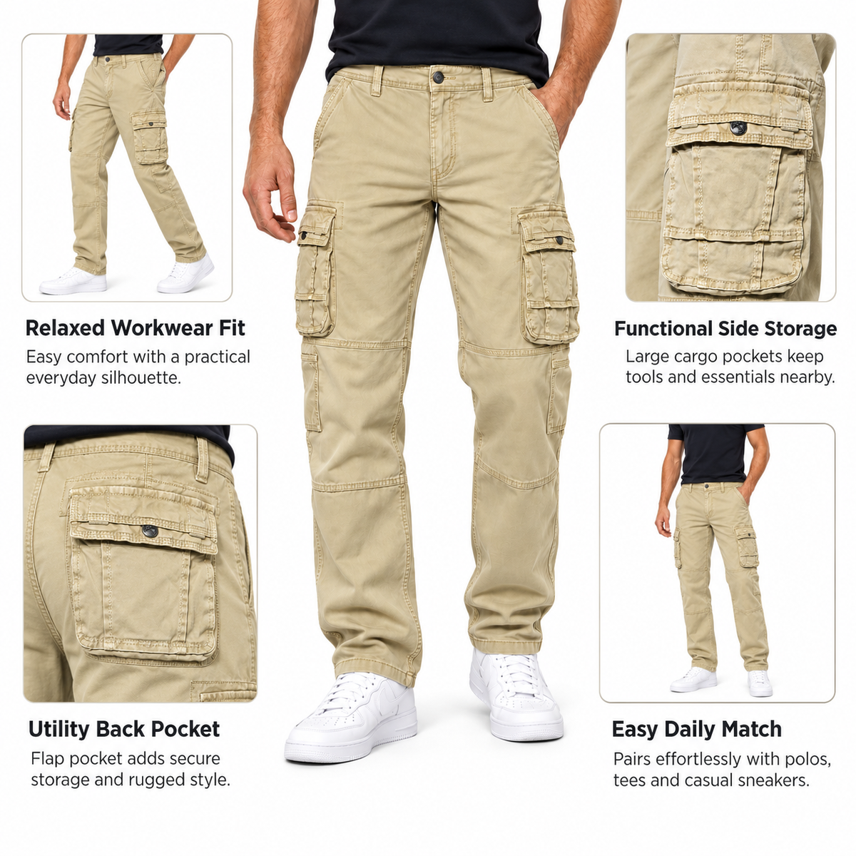 FREDD MARSHALL FH3707 men's cotton multi-pocket utility cargo pants, Khaki, construction detail