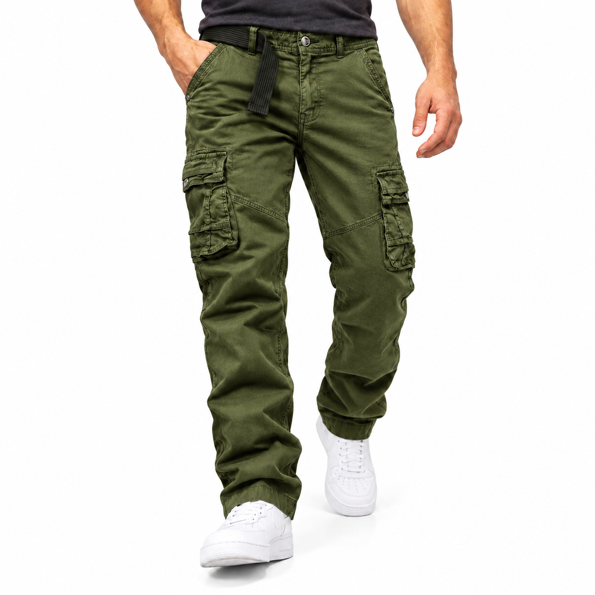 FREDD MARSHALL FH3707 men's cotton multi-pocket utility cargo pants, Dark Green, styled outfit