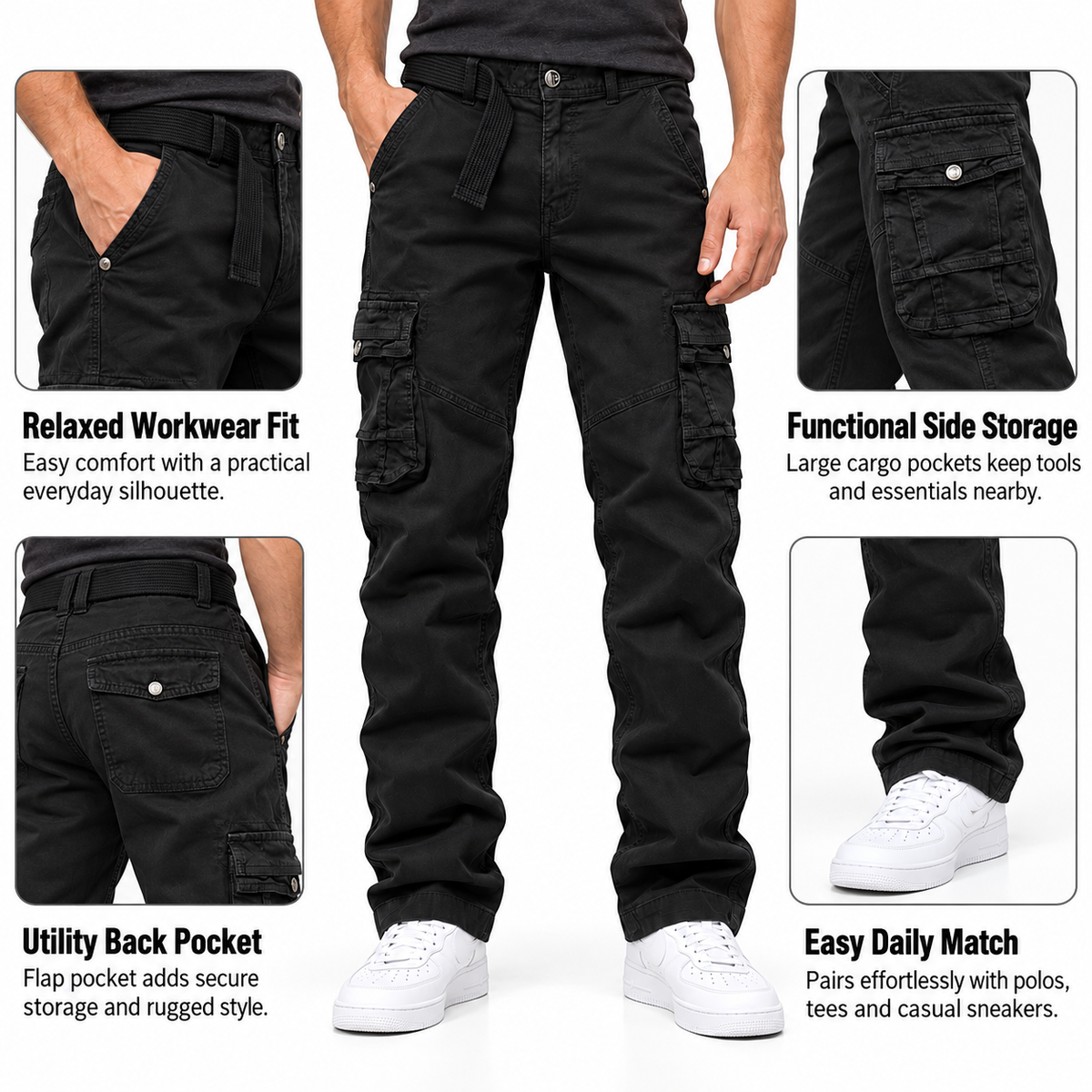FREDD MARSHALL FH3707 men's cotton multi-pocket utility cargo pants, Black, construction detail