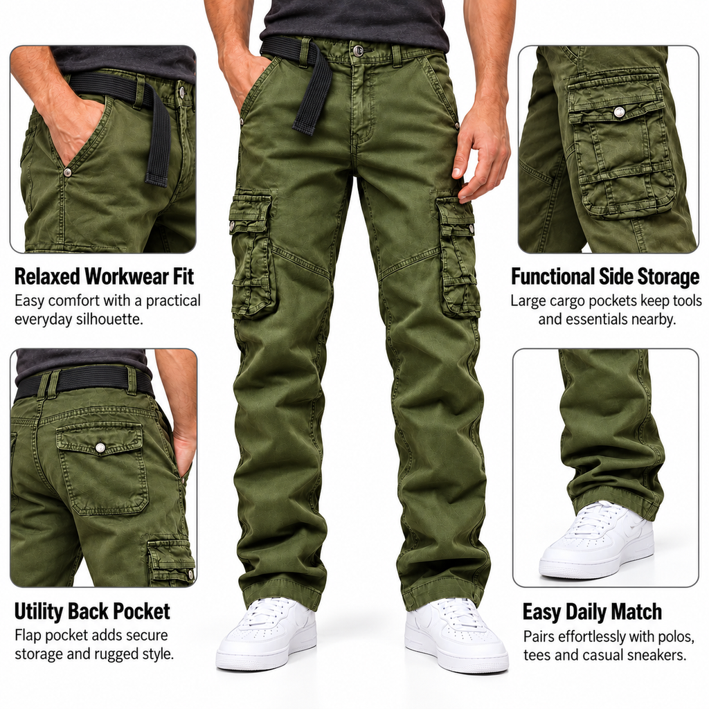 FREDD MARSHALL FH3707 men's cotton multi-pocket utility cargo pants, Dark Green, construction detail