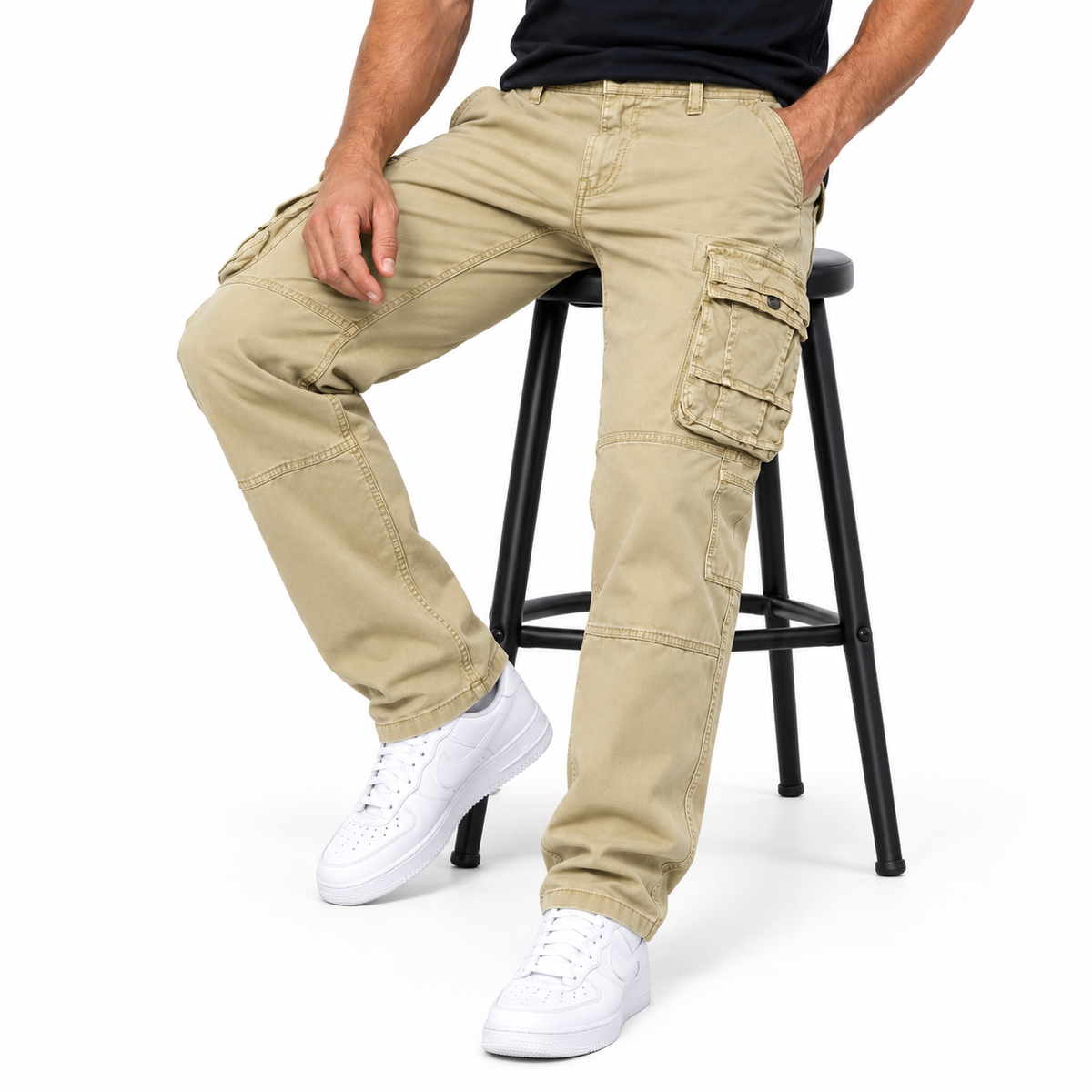 FREDD MARSHALL FH3707 men's cotton multi-pocket utility cargo pants, Khaki, styled outfit