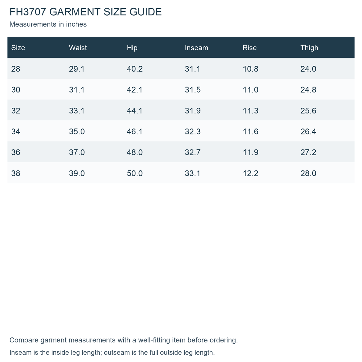 FH3707 verified garment measurements and size guide