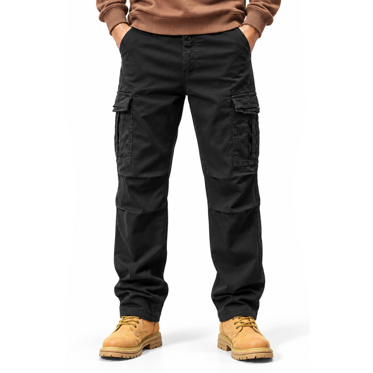 FREDD MARSHALL FH3809 men's cotton regular-fit casual cargo pants, Black, front view