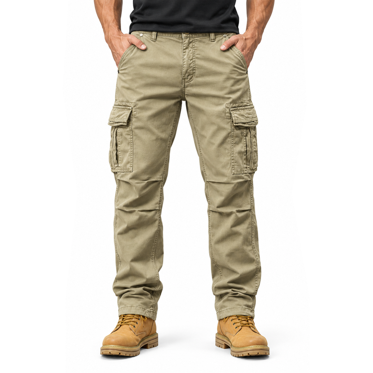 FREDD MARSHALL FH3809 men's cotton regular-fit casual cargo pants, Khaki, front view