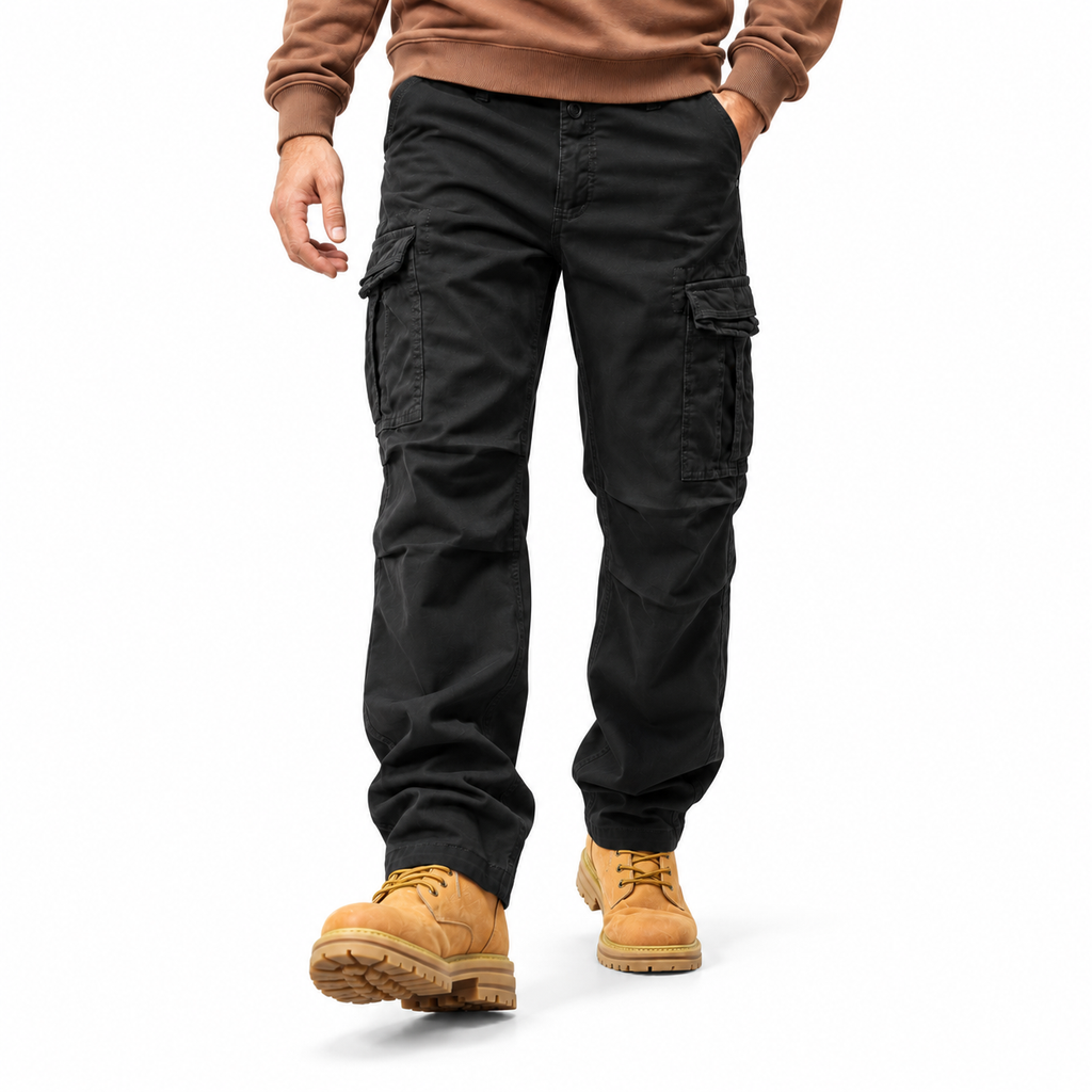 FREDD MARSHALL FH3809 men's cotton regular-fit casual cargo pants, Black, styled outfit