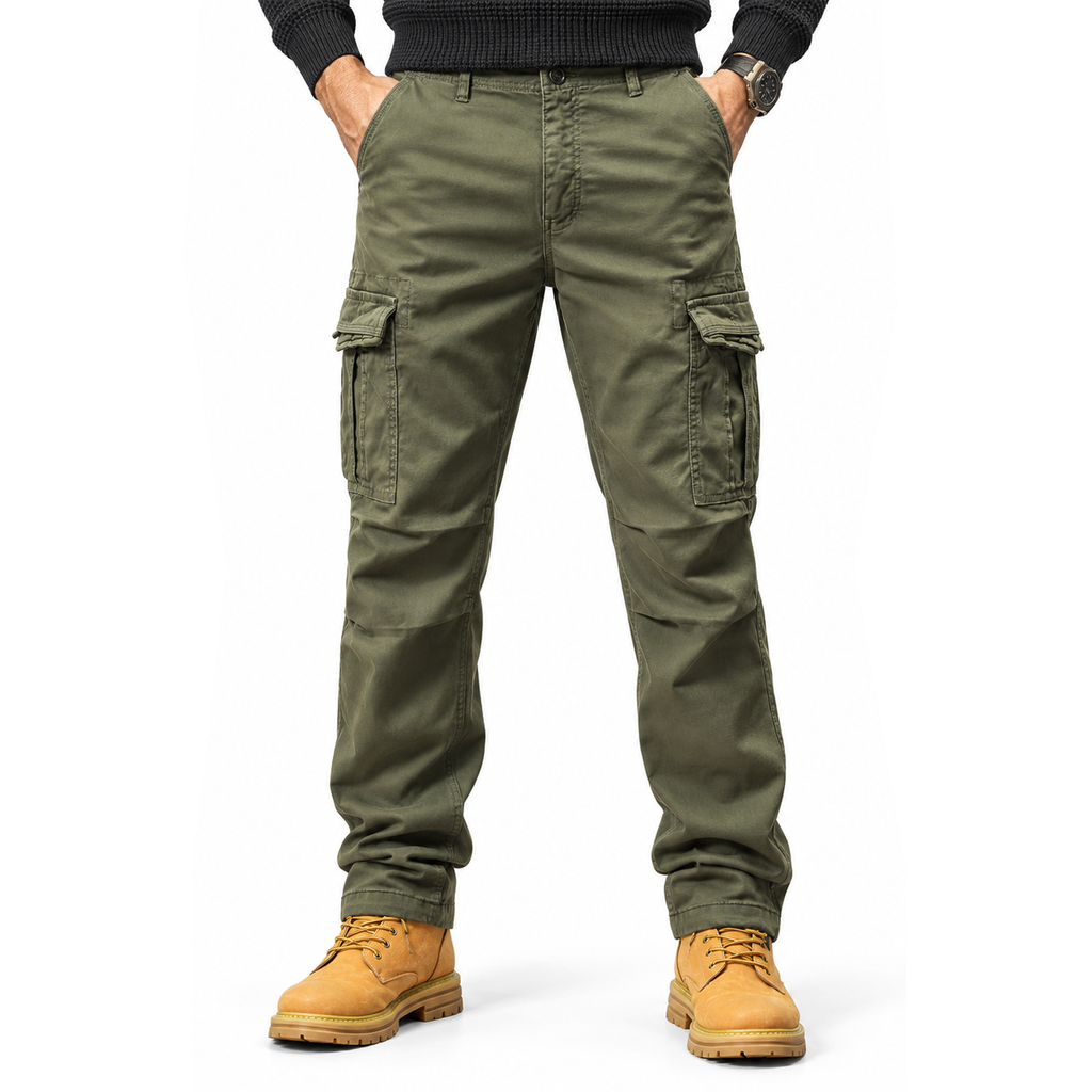 FREDD MARSHALL FH3809 men's cotton regular-fit casual cargo pants, Army Green, front view