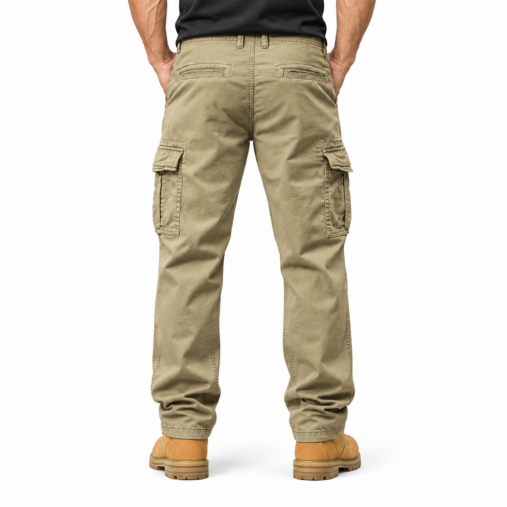 FREDD MARSHALL FH3809 men's cotton regular-fit casual cargo pants, Khaki, back view