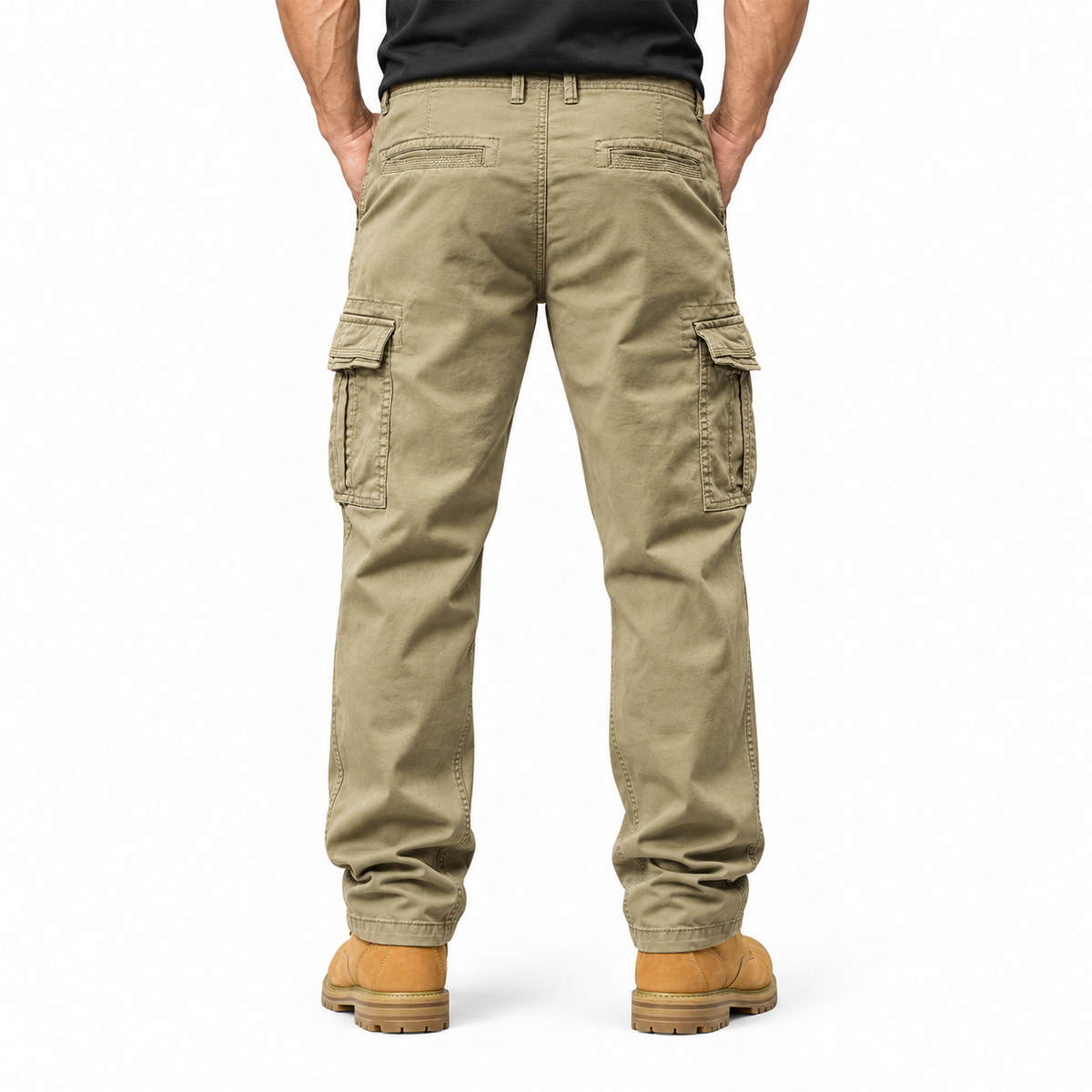 FREDD MARSHALL FH3809 men's cotton regular-fit casual cargo pants, Khaki, back view