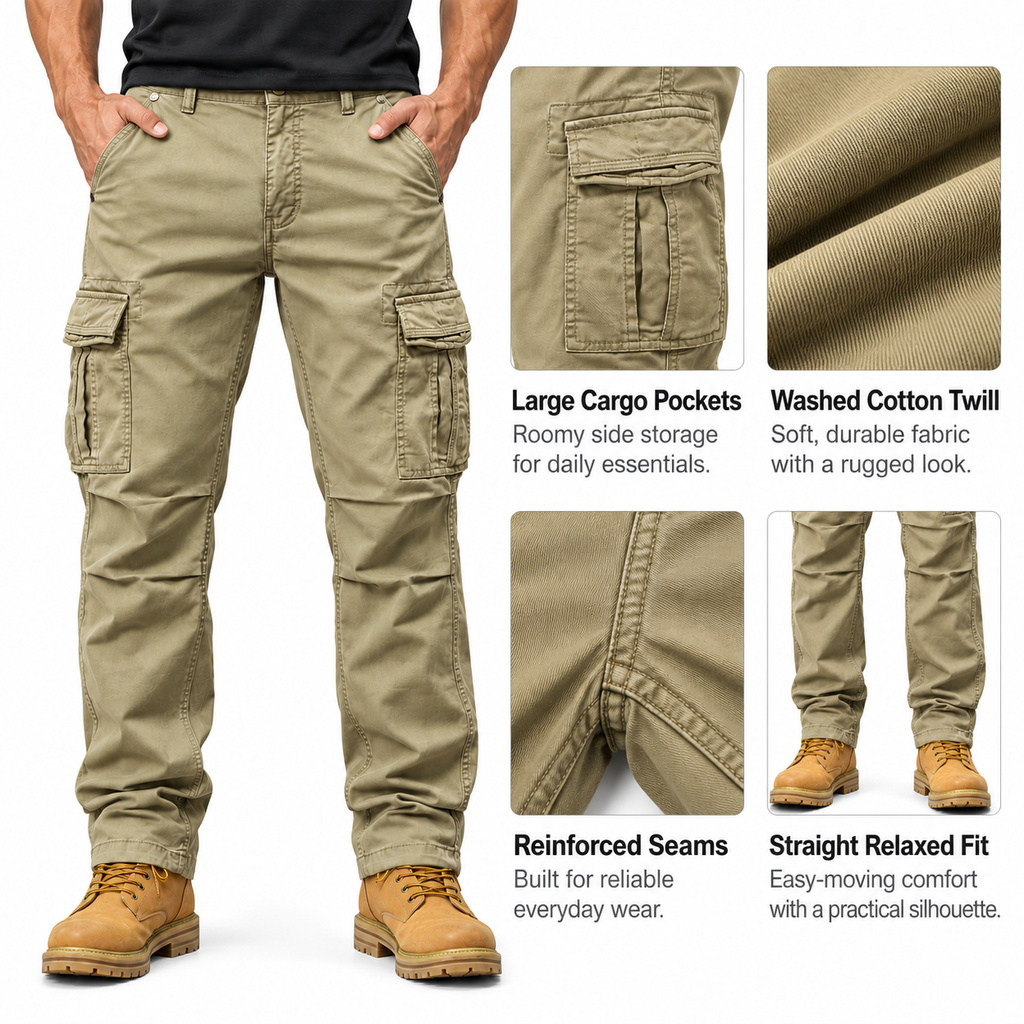 FREDD MARSHALL FH3809 men's cotton regular-fit casual cargo pants, Khaki, construction detail