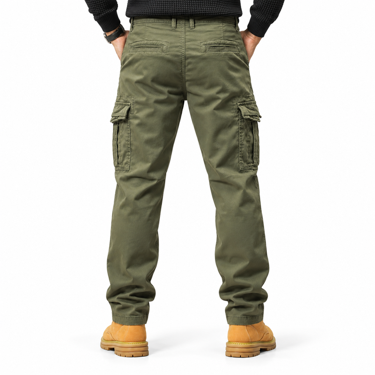 FREDD MARSHALL FH3809 men's cotton regular-fit casual cargo pants, Army Green, back view
