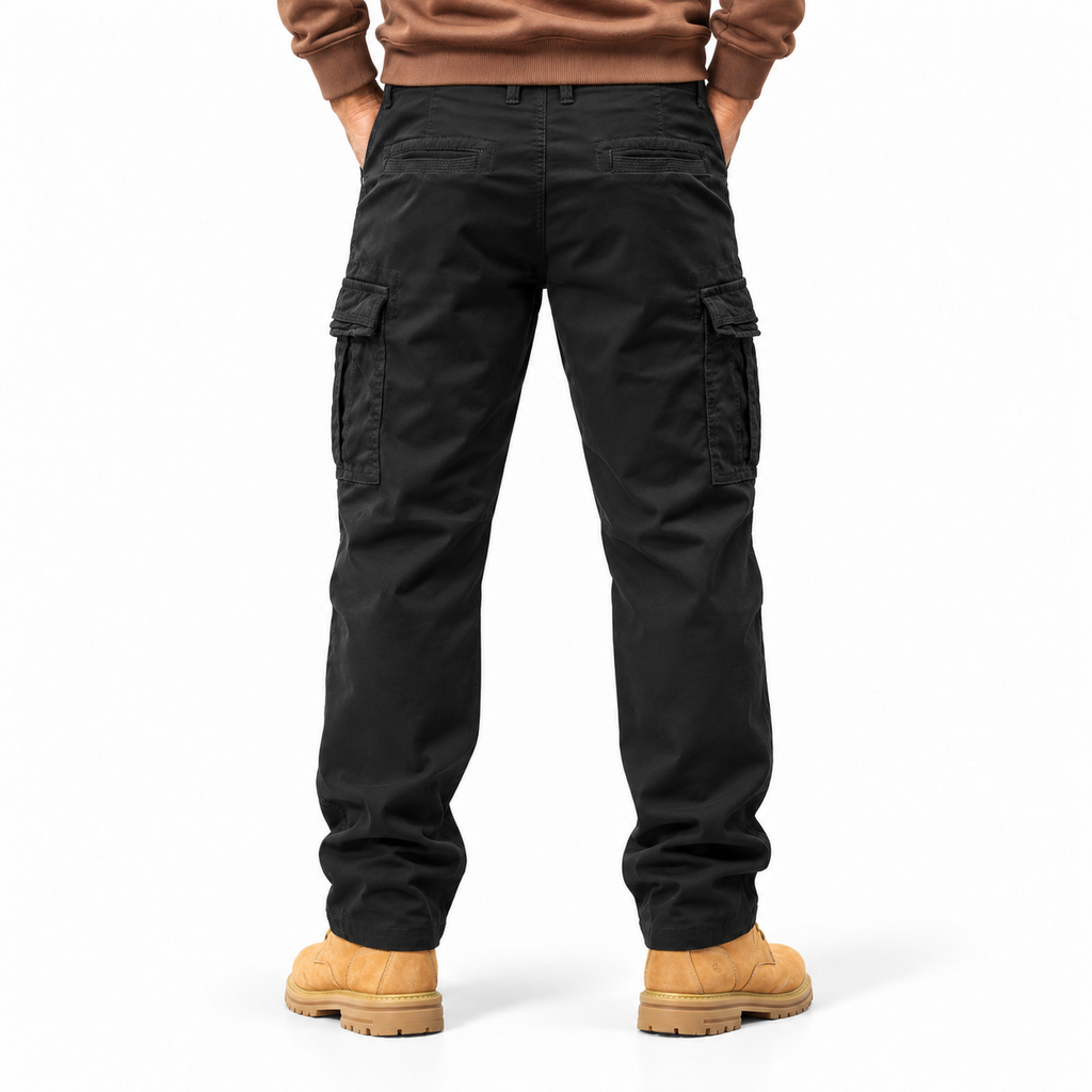 FREDD MARSHALL FH3809 men's cotton regular-fit casual cargo pants, Black, back view