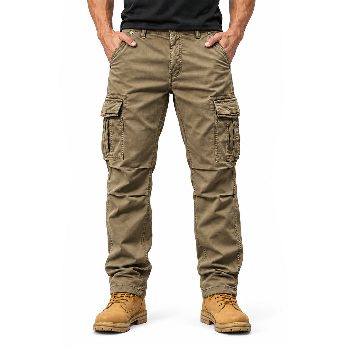 FREDD MARSHALL FH3809 men's cotton regular-fit casual cargo pants, Brown, front view