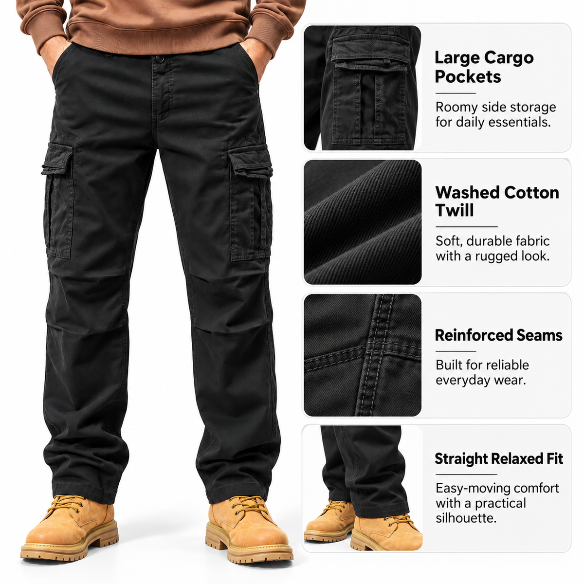 FREDD MARSHALL FH3809 men's cotton regular-fit casual cargo pants, Black, construction detail