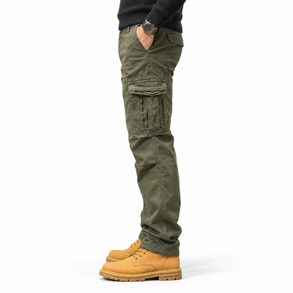 FREDD MARSHALL FH3809 men's cotton regular-fit casual cargo pants, Army Green, side view