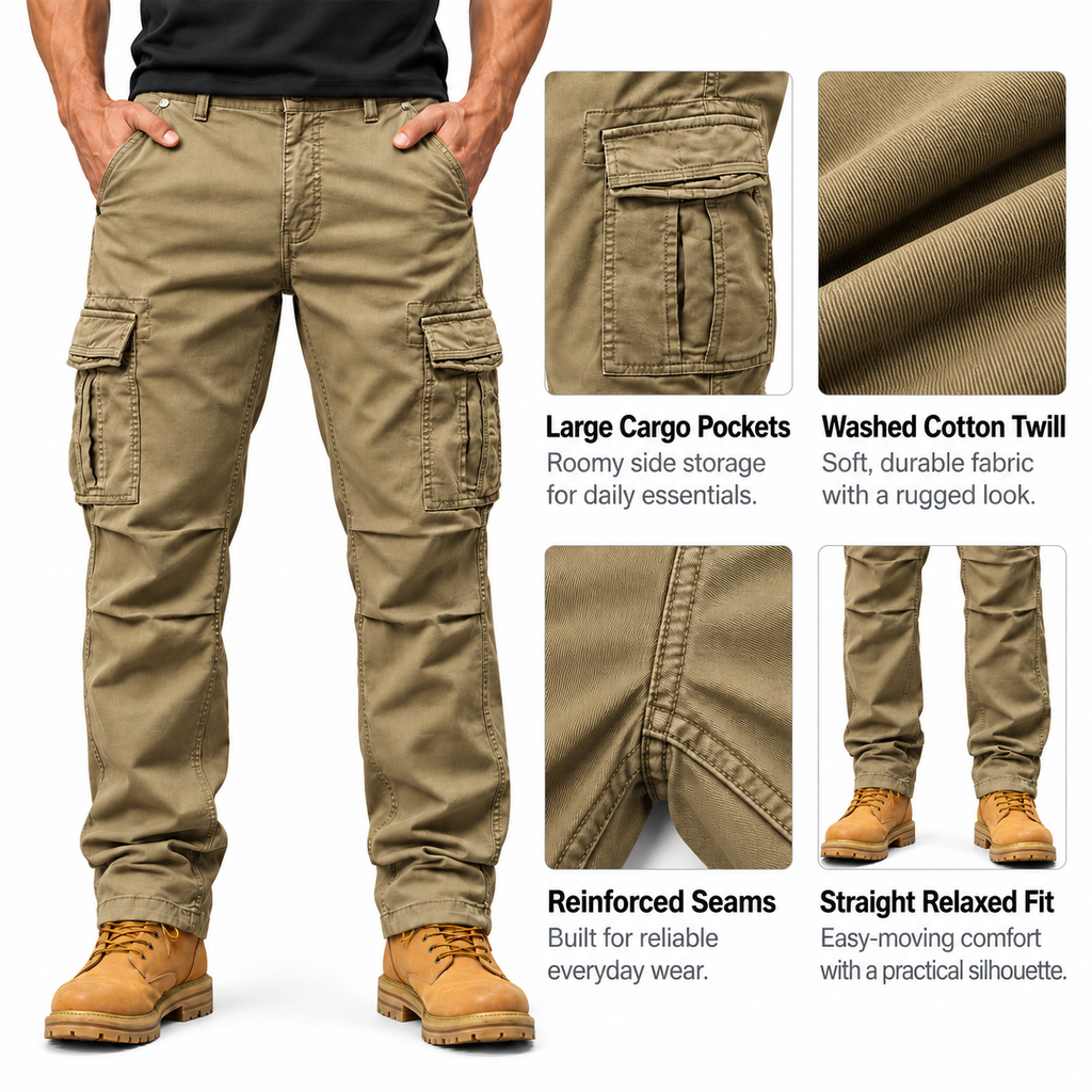 FREDD MARSHALL FH3809 men's cotton regular-fit casual cargo pants, Brown, construction detail