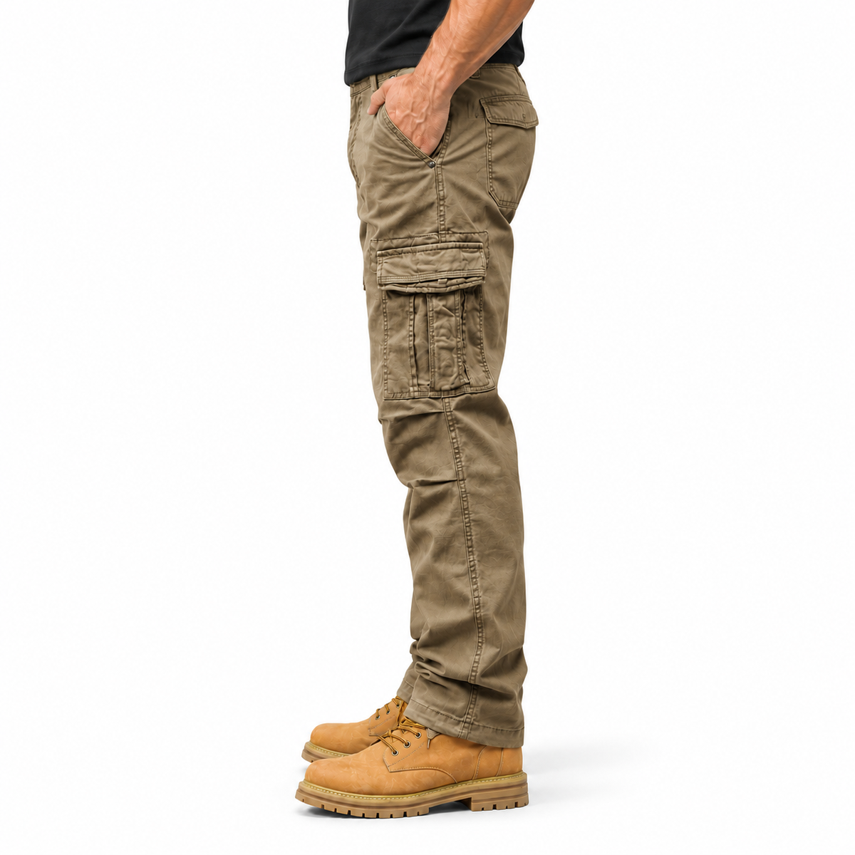 FREDD MARSHALL FH3809 men's cotton regular-fit casual cargo pants, Brown, side view
