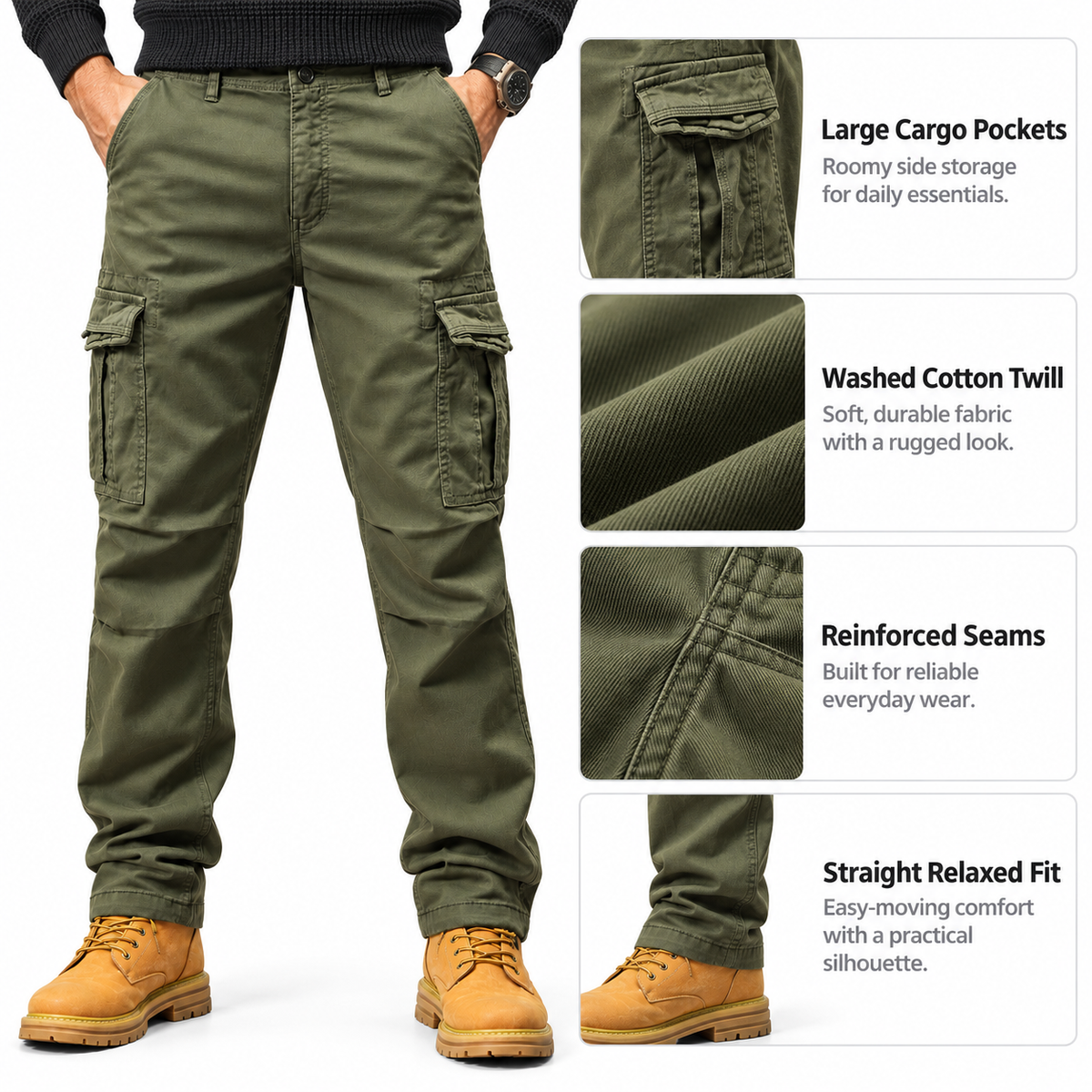 FREDD MARSHALL FH3809 men's cotton regular-fit casual cargo pants, Army Green, construction detail