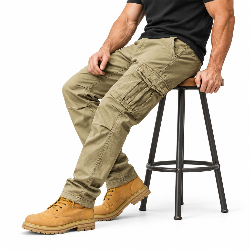 FREDD MARSHALL FH3809 men's cotton regular-fit casual cargo pants, Khaki, styled outfit