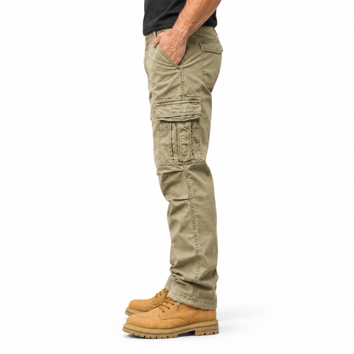 FREDD MARSHALL FH3809 men's cotton regular-fit casual cargo pants, Khaki, side view