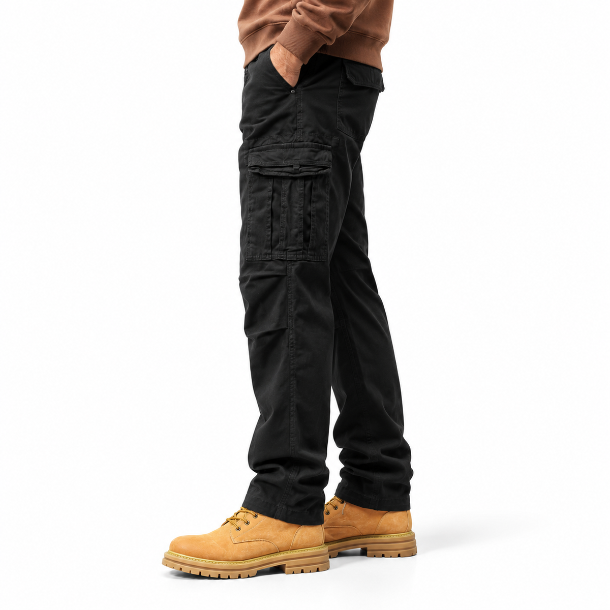 FREDD MARSHALL FH3809 men's cotton regular-fit casual cargo pants, Black, side view