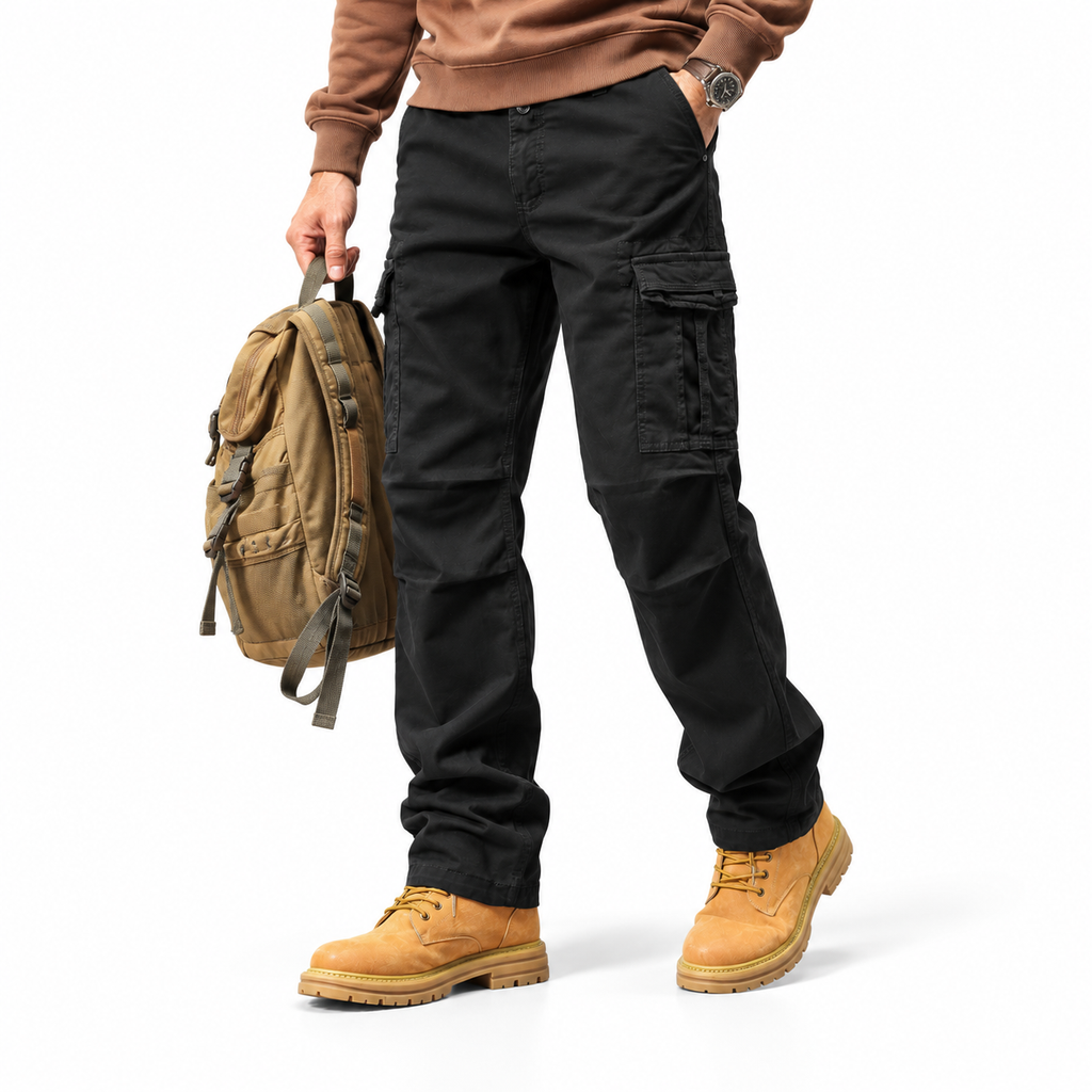FREDD MARSHALL FH3809 men's cotton regular-fit casual cargo pants, Black, styled outfit