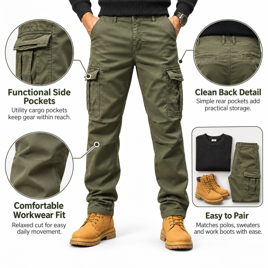 FREDD MARSHALL FH3809 men's cotton regular-fit casual cargo pants, Army Green, construction detail