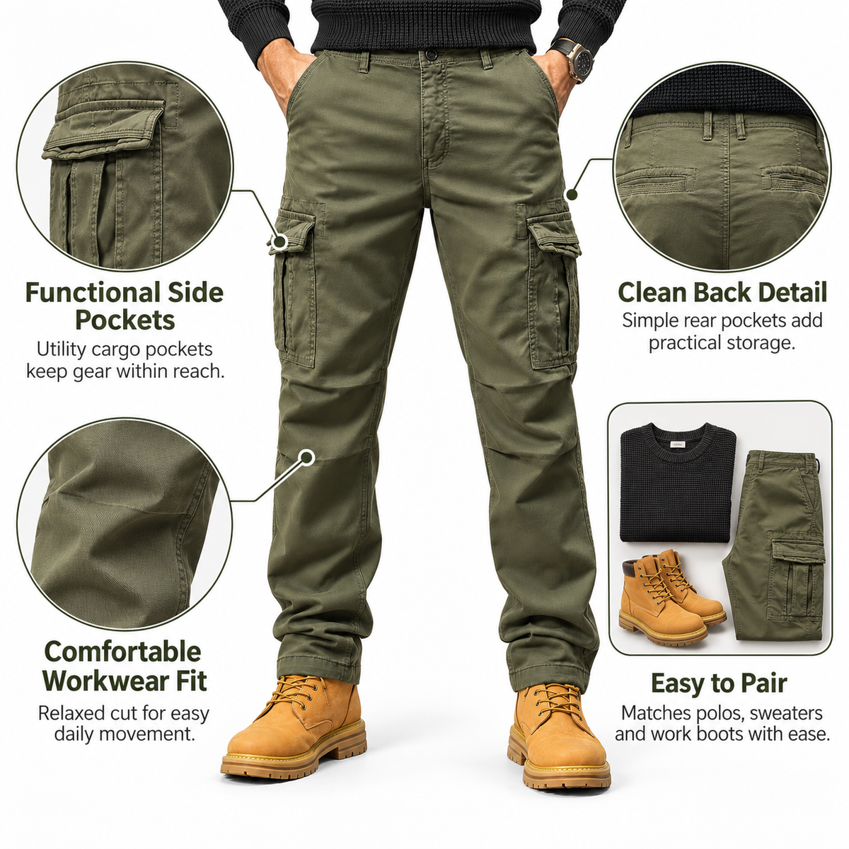 FREDD MARSHALL FH3809 men's cotton regular-fit casual cargo pants, Army Green, construction detail