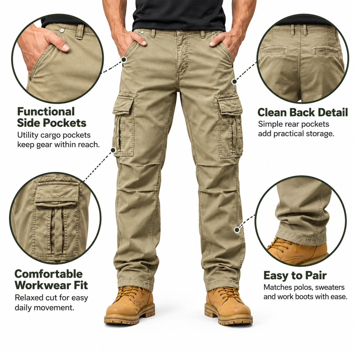 FREDD MARSHALL FH3809 men's cotton regular-fit casual cargo pants, Khaki, construction detail