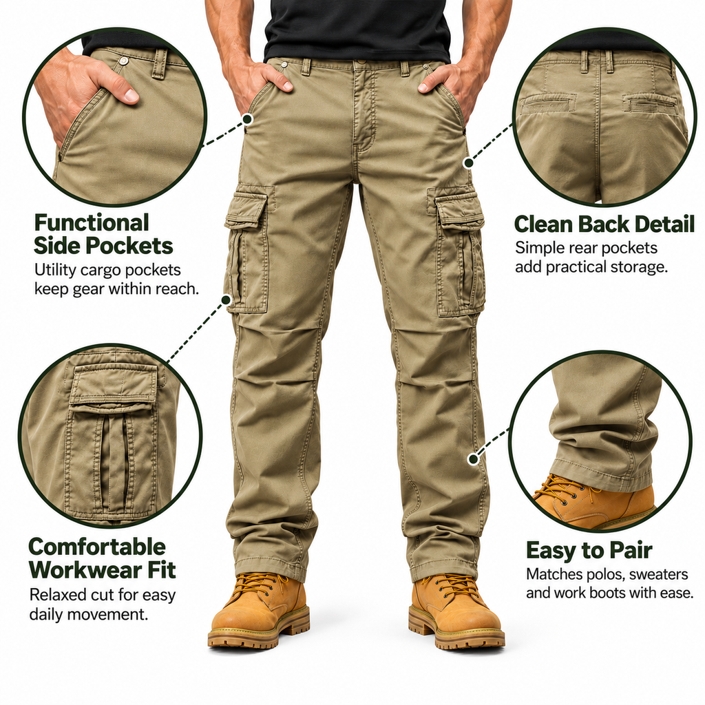 FREDD MARSHALL FH3809 men's cotton regular-fit casual cargo pants, Brown, construction detail