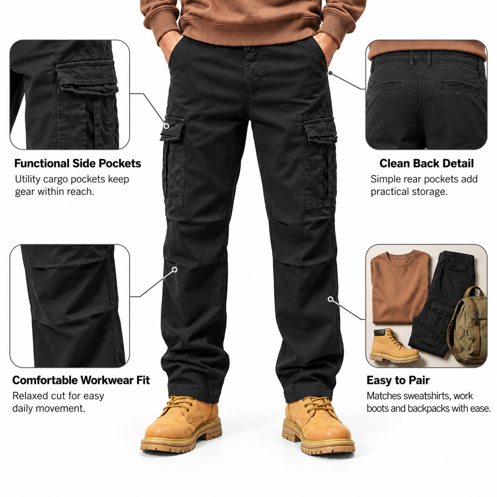 FREDD MARSHALL FH3809 men's cotton regular-fit casual cargo pants, Black, construction detail
