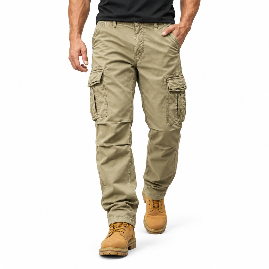 FREDD MARSHALL FH3809 men's cotton regular-fit casual cargo pants, Khaki, styled outfit