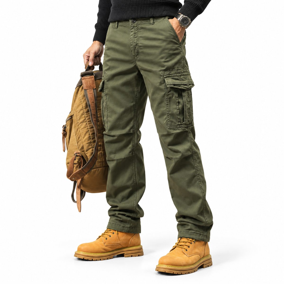 FREDD MARSHALL FH3809 men's cotton regular-fit casual cargo pants, Army Green, styled outfit