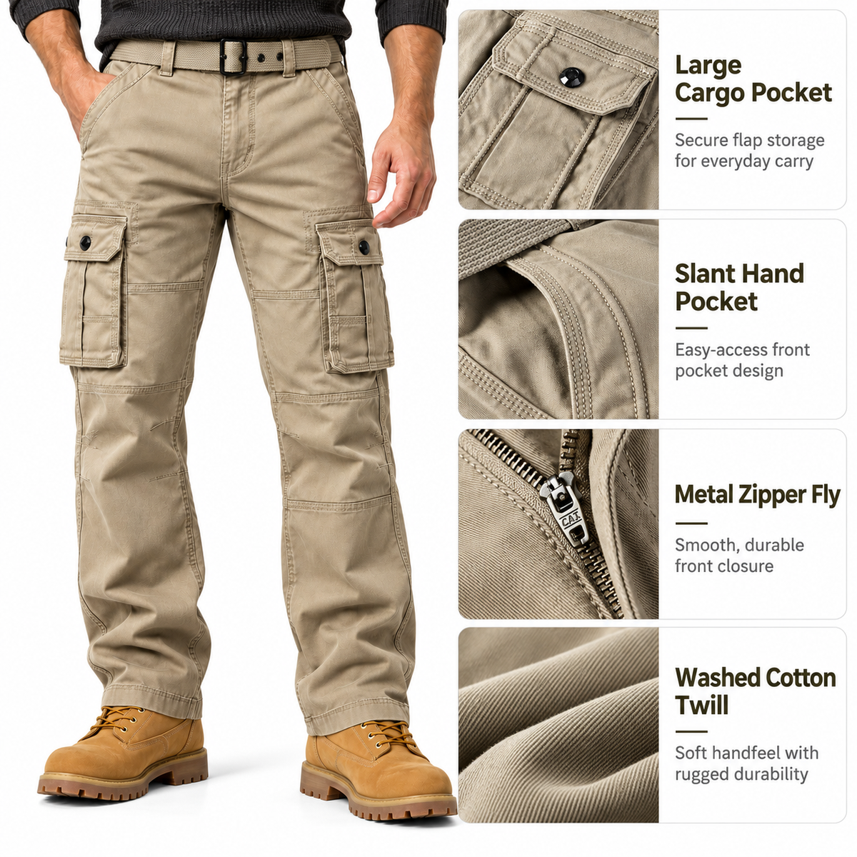 FREDD MARSHALL FH5122 men's cotton button-pocket cargo pants, Khaki, construction detail