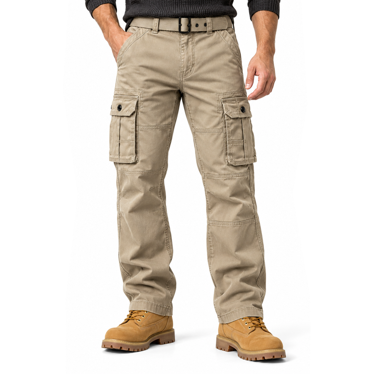 FREDD MARSHALL FH5122 men's cotton button-pocket cargo pants, Khaki, front view