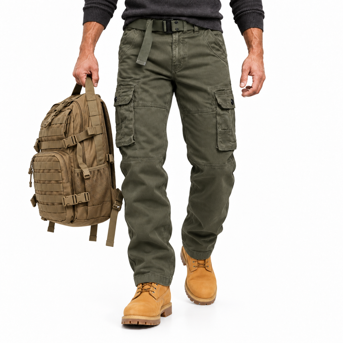 FREDD MARSHALL FH5122 men's cotton button-pocket cargo pants, Army Green, styled outfit