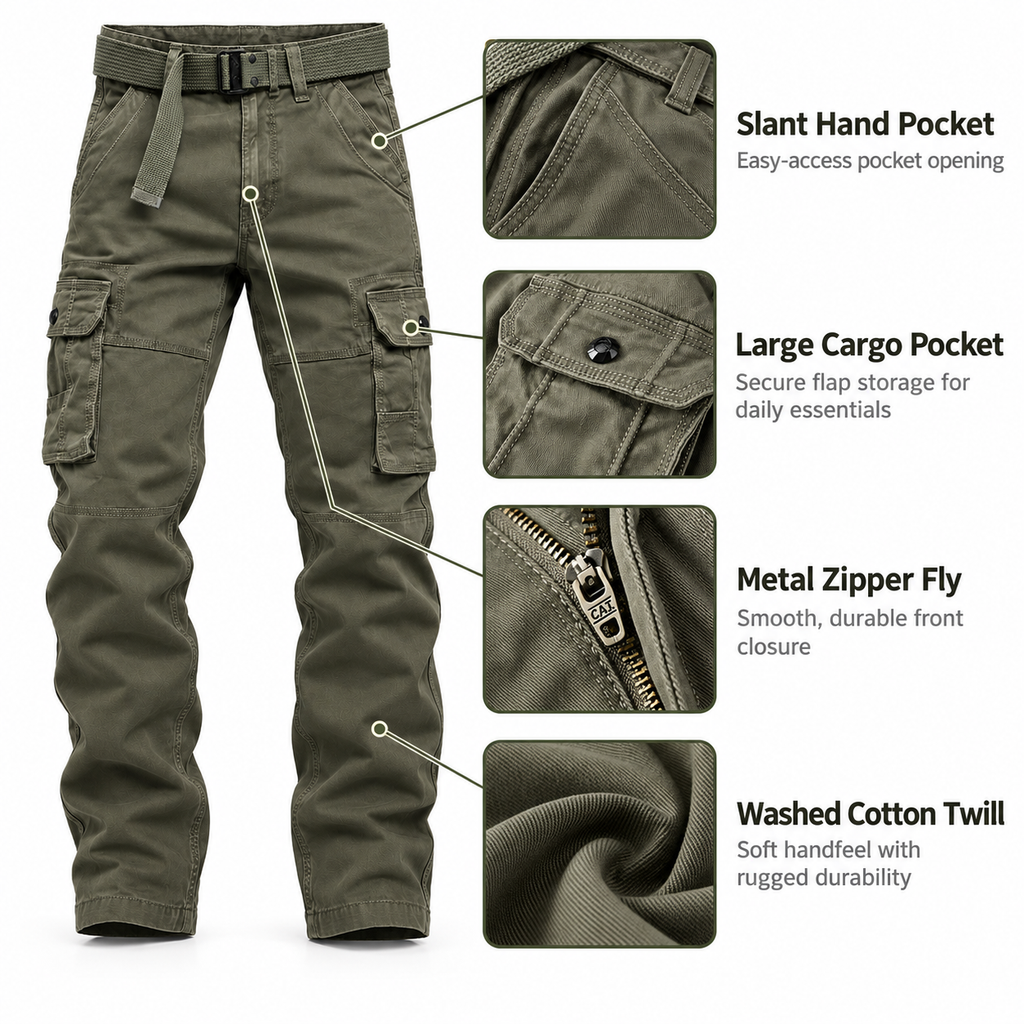 FREDD MARSHALL FH5122 men's cotton button-pocket cargo pants, Army Green, construction detail
