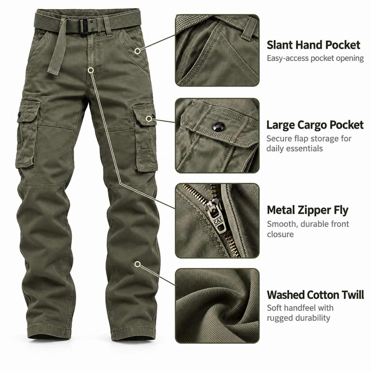 FREDD MARSHALL FH5122 men's cotton button-pocket cargo pants, Army Green, construction detail