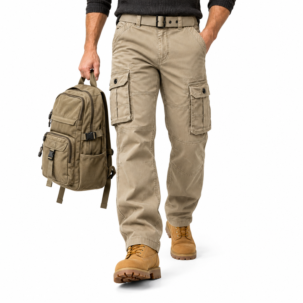 FREDD MARSHALL FH5122 men's cotton button-pocket cargo pants, Khaki, styled outfit