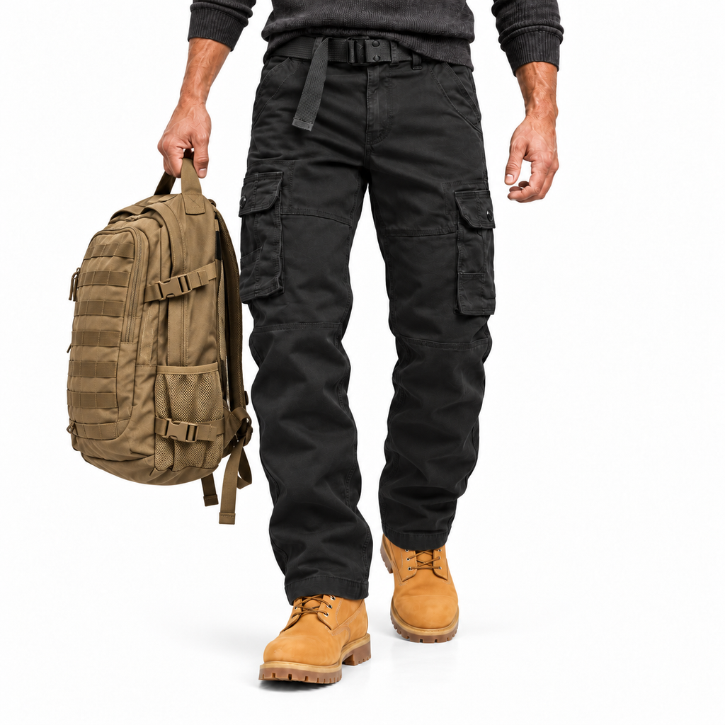 FREDD MARSHALL FH5122 men's cotton button-pocket cargo pants, Black, styled outfit