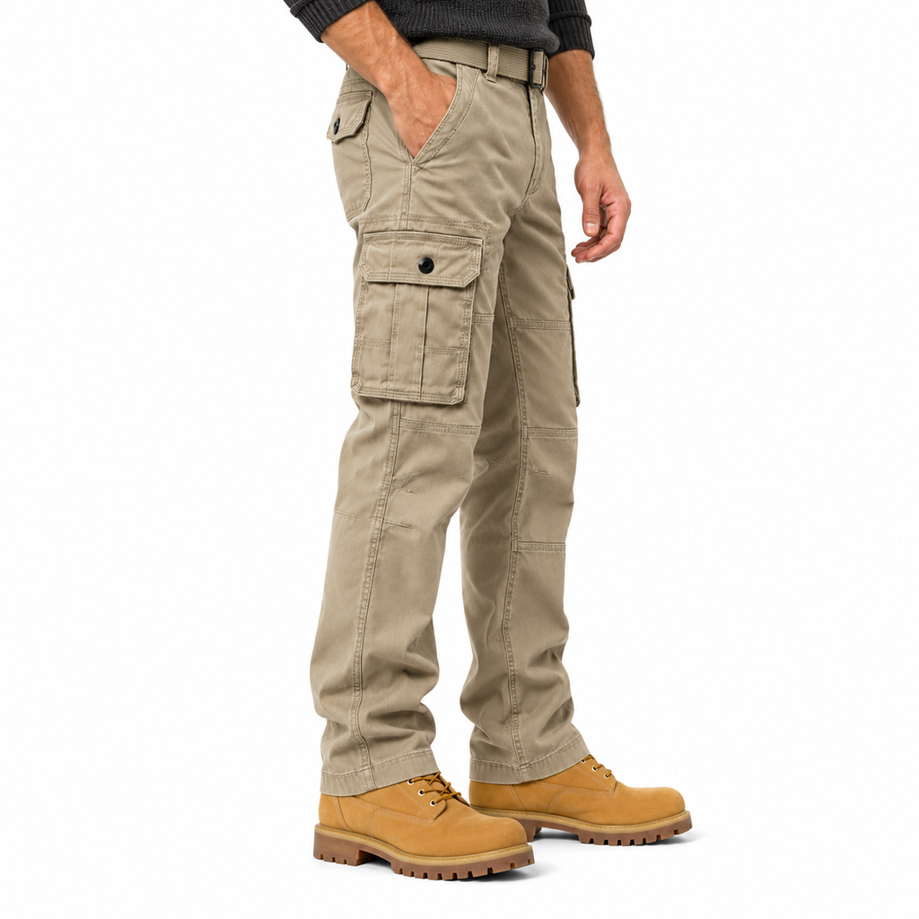 FREDD MARSHALL FH5122 men's cotton button-pocket cargo pants, Khaki, side view