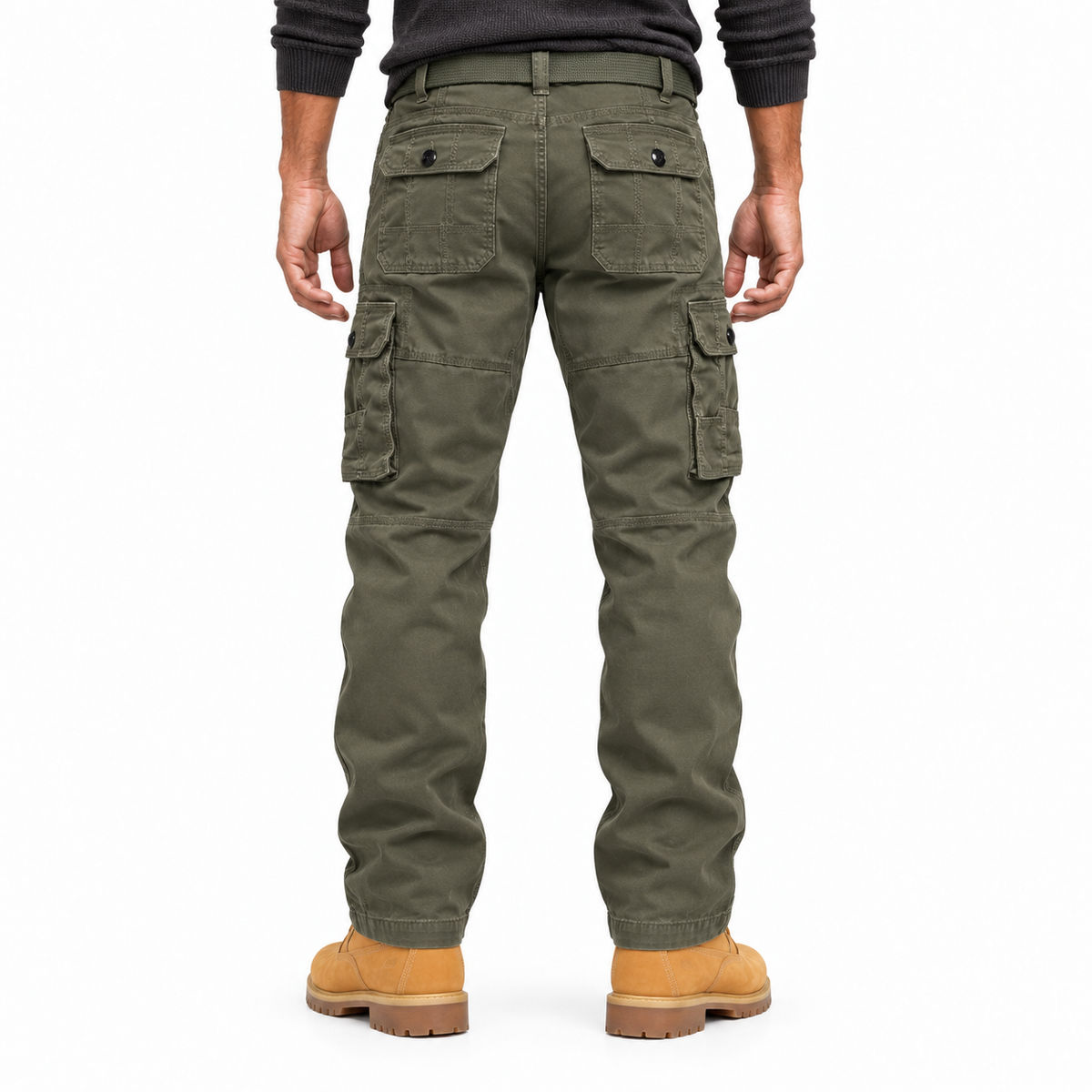 FREDD MARSHALL FH5122 men's cotton button-pocket cargo pants, Army Green, back view
